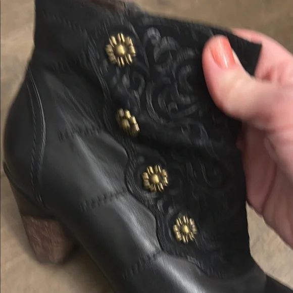 Black Leather Ankle Boots with Gold Accents - Picture 4 of 9